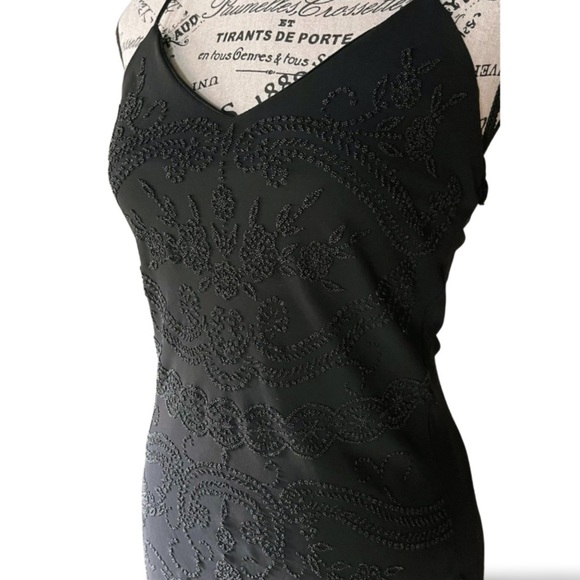 90s Black Slip Dress – Floral Beaded Maxi Evening Gown - Picture 5 of 8